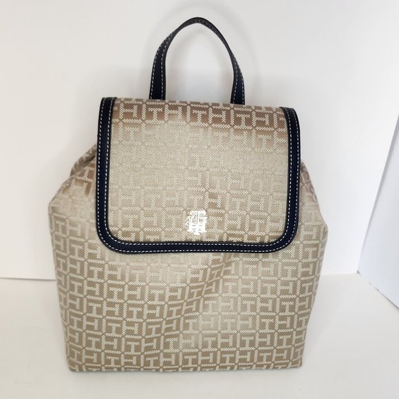 Tommy Hilfiger Large Khaki Tonal Jacquard Backpack with Navy Trim, New with Tags - Picture 1 of 12